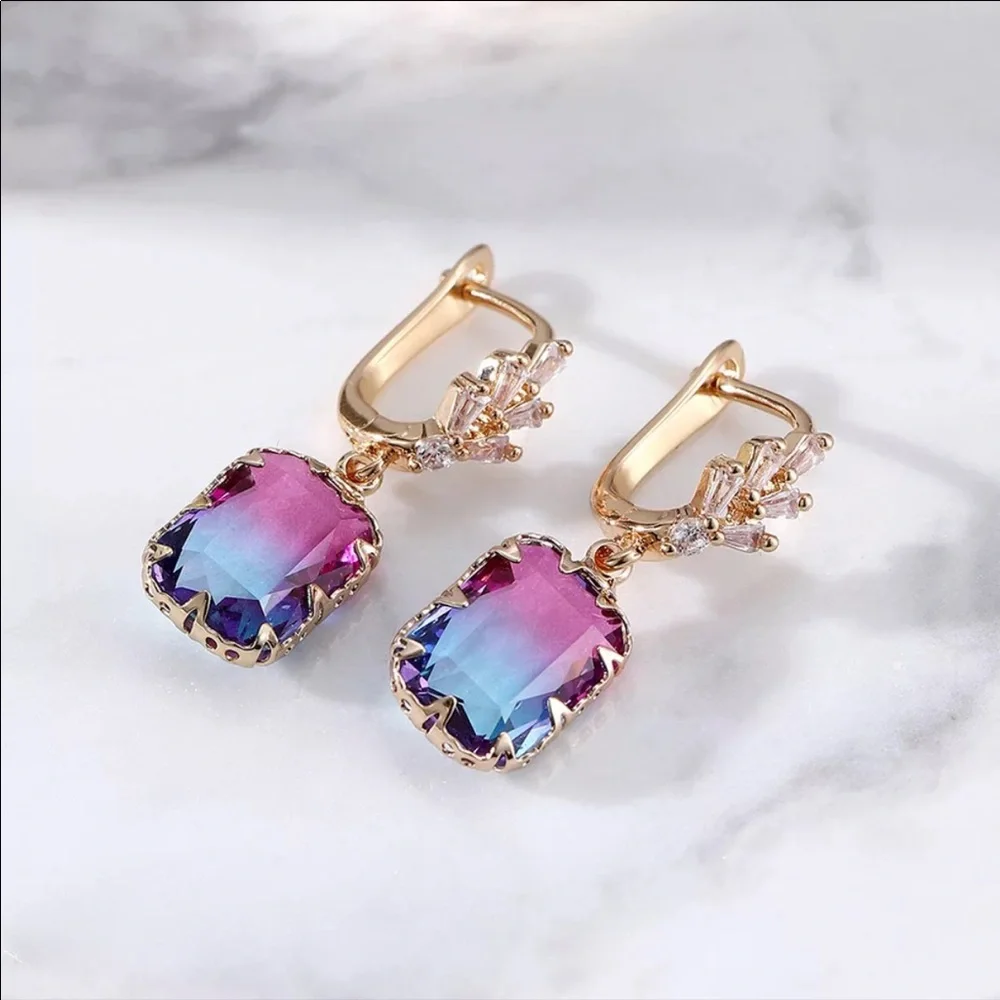 NEW 14k Multicolored Trendy Square Drop Earrings - Picture 2 of 4